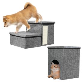 3 Step Pet Stair 4-IN-1 Foldable Dog Ramp Non-Slip Cat Storage Ladder with Scratcher Storage and Pet House for Old Pet Small/Medium Dog/Cat 165LBS Max