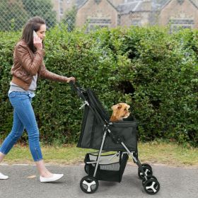 4 Wheels Pet Stroller Foldable Carrier Strolling Cart Travel Jogger Pet Stroller with Removable Liner Storage Basket for Dog Cat (Option: Black)